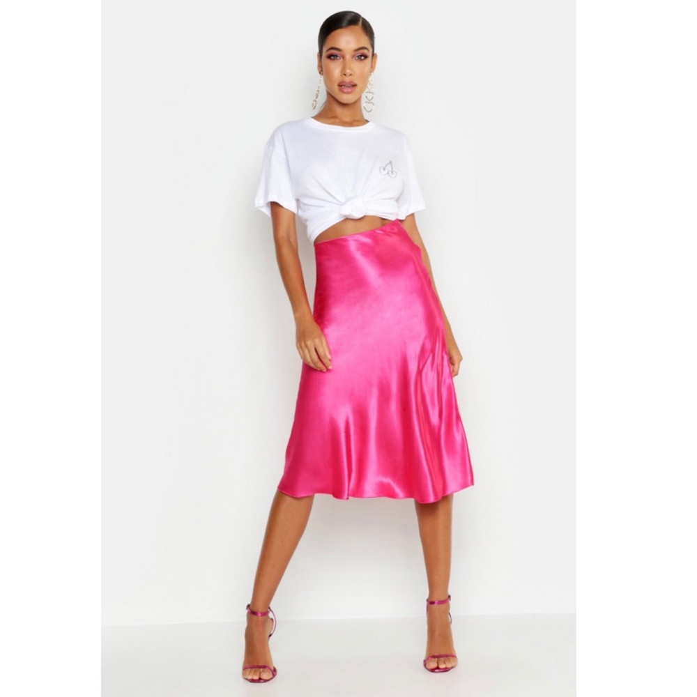 Pink Satin Midi Skirt